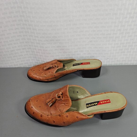 Vintage Paul Mayer Tan Ostrich Leather Low Heel Tassel Mules Size 7 - Picture 12 of 12
